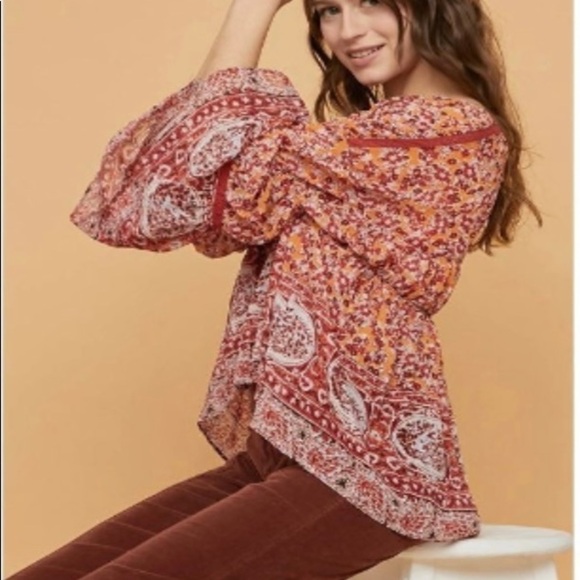 Free People‎ Boho Floral Blouse Women's Size XS Bell Sleeve Peasant Top Comfy - Picture 7 of 15